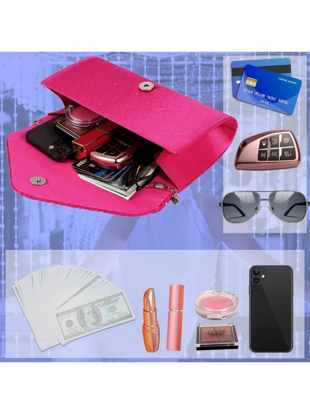 Women's Fuchsia Rhinestone Clutch Purse For Evening Bag Wedding Handbags